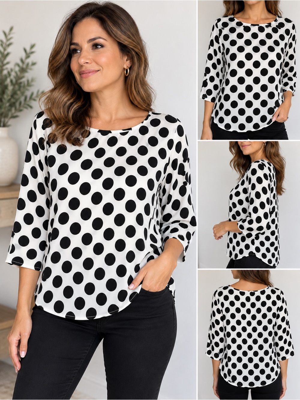 ZARA Black White Polka Dot Blouse Size L NWOT